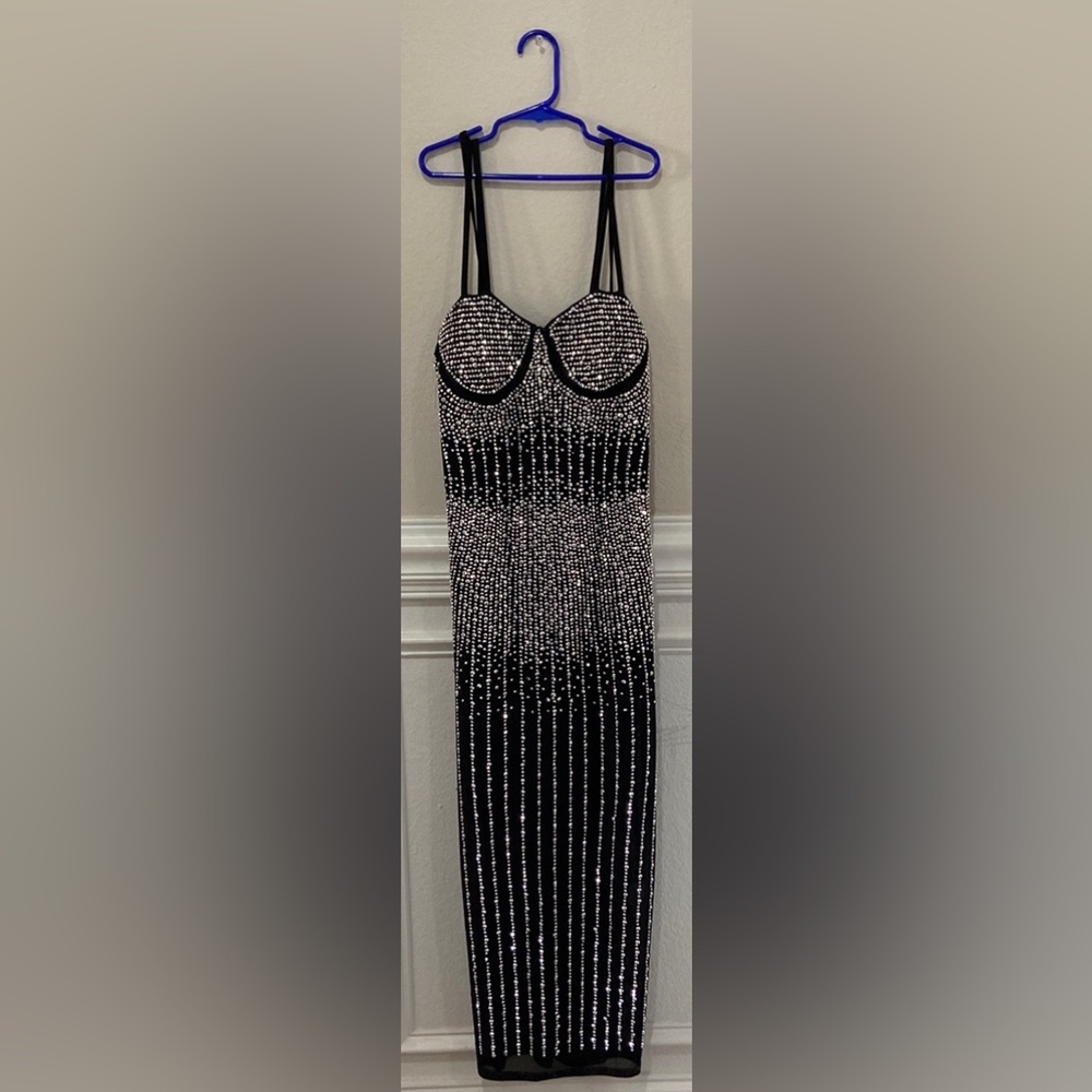 Bodycon dress, black with silver gems, mesh, great material,